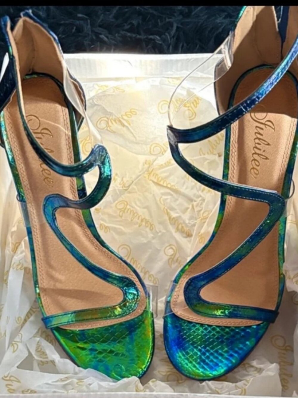 Shimmering Blue and Green Strappy Heels